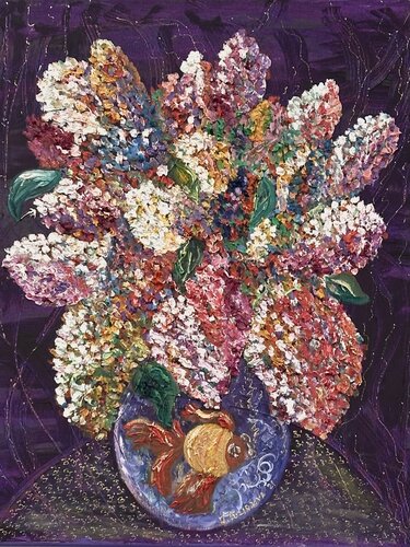 The fish didn’t ask for this much lilac, but fine. von JULIJA PUZIRJOVA, Malerei kaufen auf Singulart