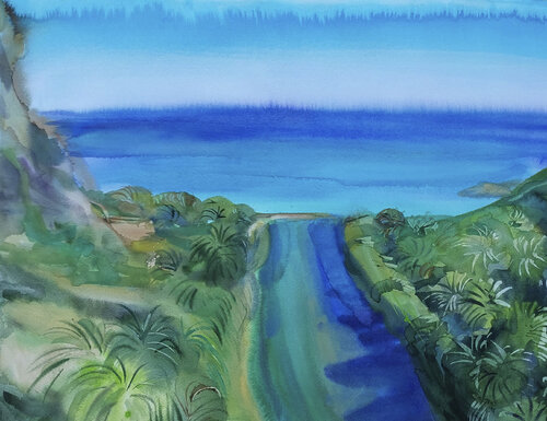 The Cretan coast where a palm-lined river meets the sea. "Preveli" von Tamara Shyrai, Malerei kaufen auf Singulart