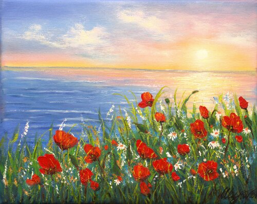 Sea sunset and poppy meadow van Ludmilla Ukrow, Schilderij te koop op Singulart