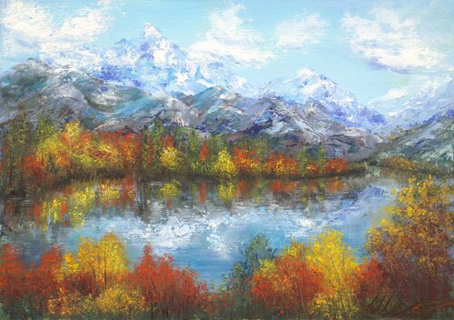 Autumn on the mountain lake di Ludmilla Ukrow, Pittura in vendita su Singulart