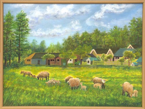 Country landscape with sheep von Ludmilla Ukrow, Malerei kaufen auf Singulart