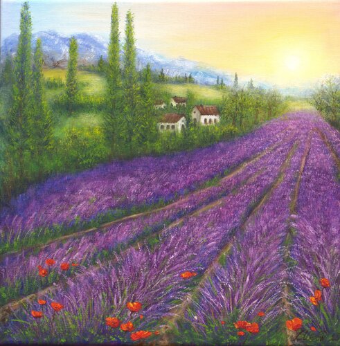 Purple lavender field di Ludmilla Ukrow, Pittura in vendita su Singulart