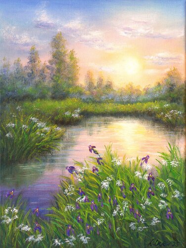 Sunset at the lake van Ludmilla Ukrow, Schilderij te koop op Singulart