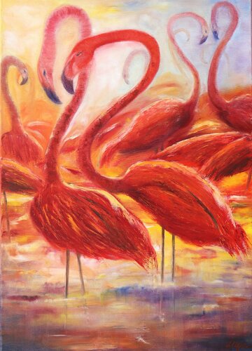 Red flamingos von Ludmilla Ukrow, Malerei kaufen auf Singulart