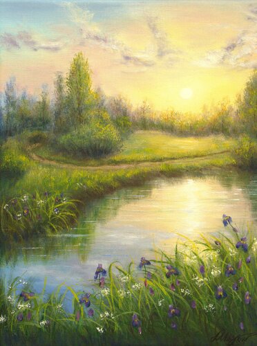 Sunset at the lake von Ludmilla Ukrow, Malerei kaufen auf Singulart