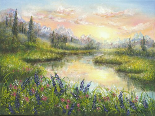 Sunset at the bluebonnet field di Ludmilla Ukrow, Pittura in vendita su Singulart