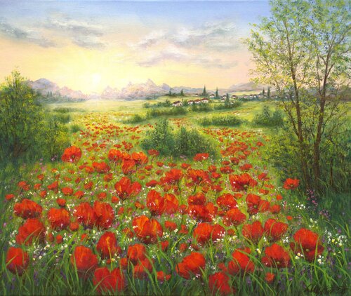 Sunrise on the poppy field by Ludmilla Ukrow, 油畫 for Sale on Singulart