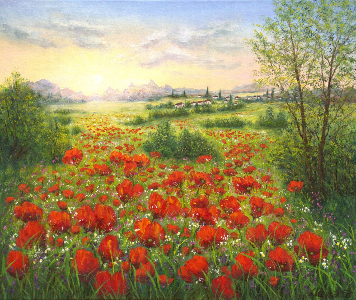 Sunrise on the poppy field Ludmilla Ukrow Originalgemälde zu verkaufen