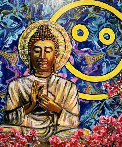 Yellow Smile Buddhi di Kat Lassen, Pittura in vendita su Singulart