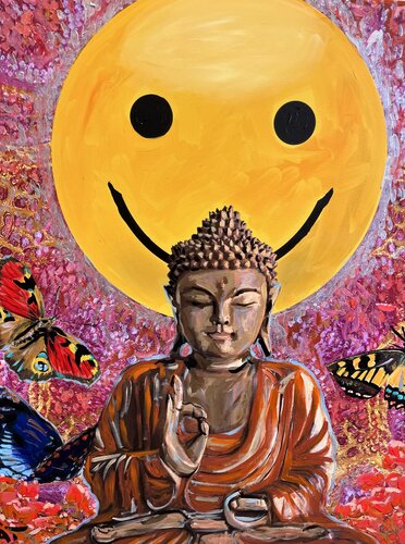 Big Smile Buddhi in Red di Kat Lassen, Pittura in vendita su Singulart