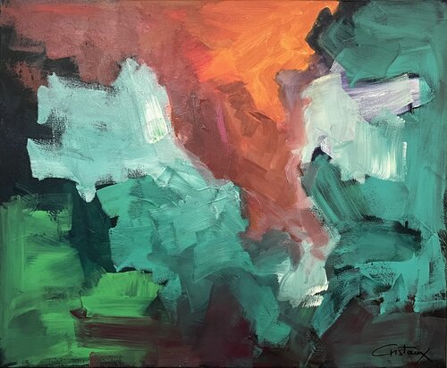 Ciel orange, Forêt verte by Fabien Cristo-Manuel, Painting for Sale on Singulart