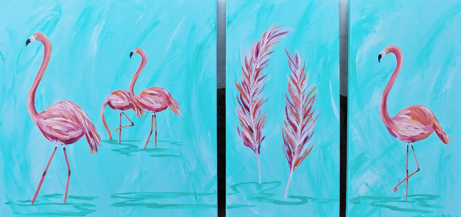 Tropical Flamingo Dream - Triptychon Angela Weidner