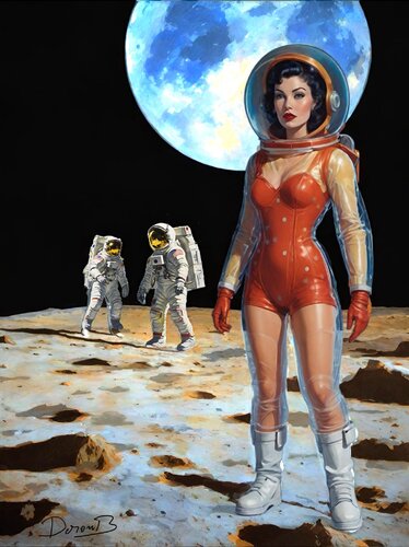 Retro Pinup Astronaut on Lunar Surface di Doron B, Digitale in vendita su Singulart