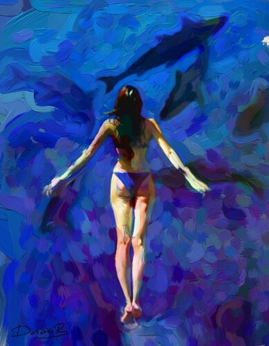 Woman Swimming with Dolphin in Blue di Doron B, Digitale in vendita su Singulart