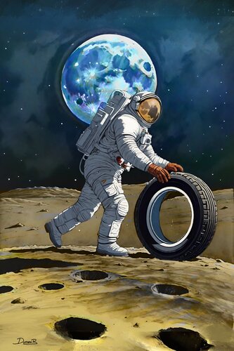 Lunar Mechanic Rolling Tire Through Space di Doron B, Digitale in vendita su Singulart