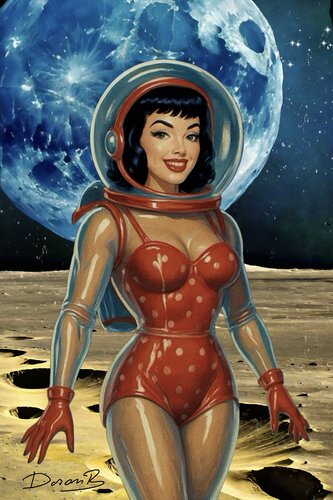 Retro Pinup Astronaut on Lunar Surface de Doron B, Digital a la venta en Singulart