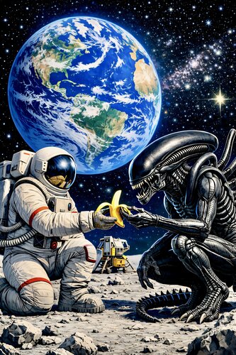 Un astronaute partage une banane avec un aliène di Doron B, Digitale in vendita su Singulart