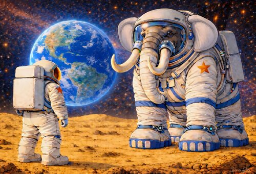 Rencontre cosmique entre astronaute et éléphant de Doron B, Digital a la venta en Singulart