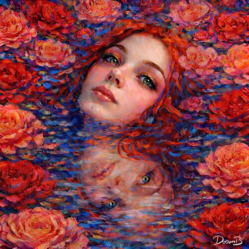 Rêverie florale d'une femme dans l'eau van Doron B, Digitaal te koop op Singulart