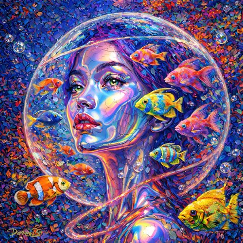 Femme et poissons dans une bulle surréaliste. van Doron B, Digitaal te koop op Singulart