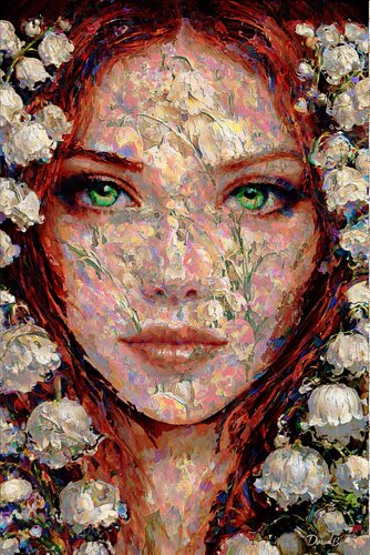 Portrait de femme aux yeux verts et muguet van Doron B, Digitaal te koop op Singulart