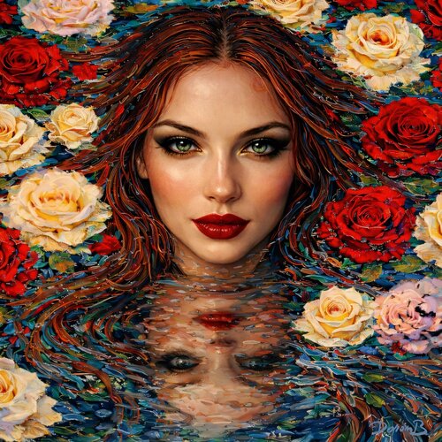 Visage de femme parmi les roses et l'eau van Doron B, Digitaal te koop op Singulart