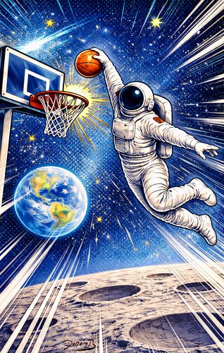 L'astronaute fait un dunk spectaculaire dans l'espace di Doron B, Digitale in vendita su Singulart