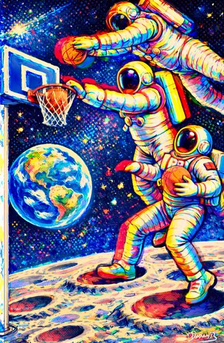 Partie de basketball cosmique sur la Lune di Doron B, Digitale in vendita su Singulart