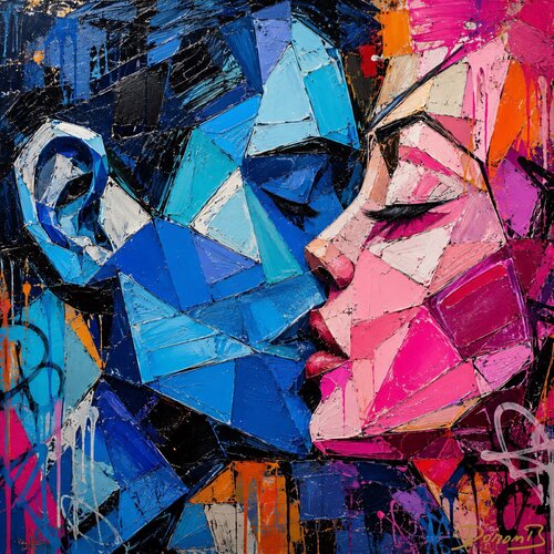Abstract Kiss: A Vibrant Geometric Embrace par Doron B, Digital en vente sur Singulart