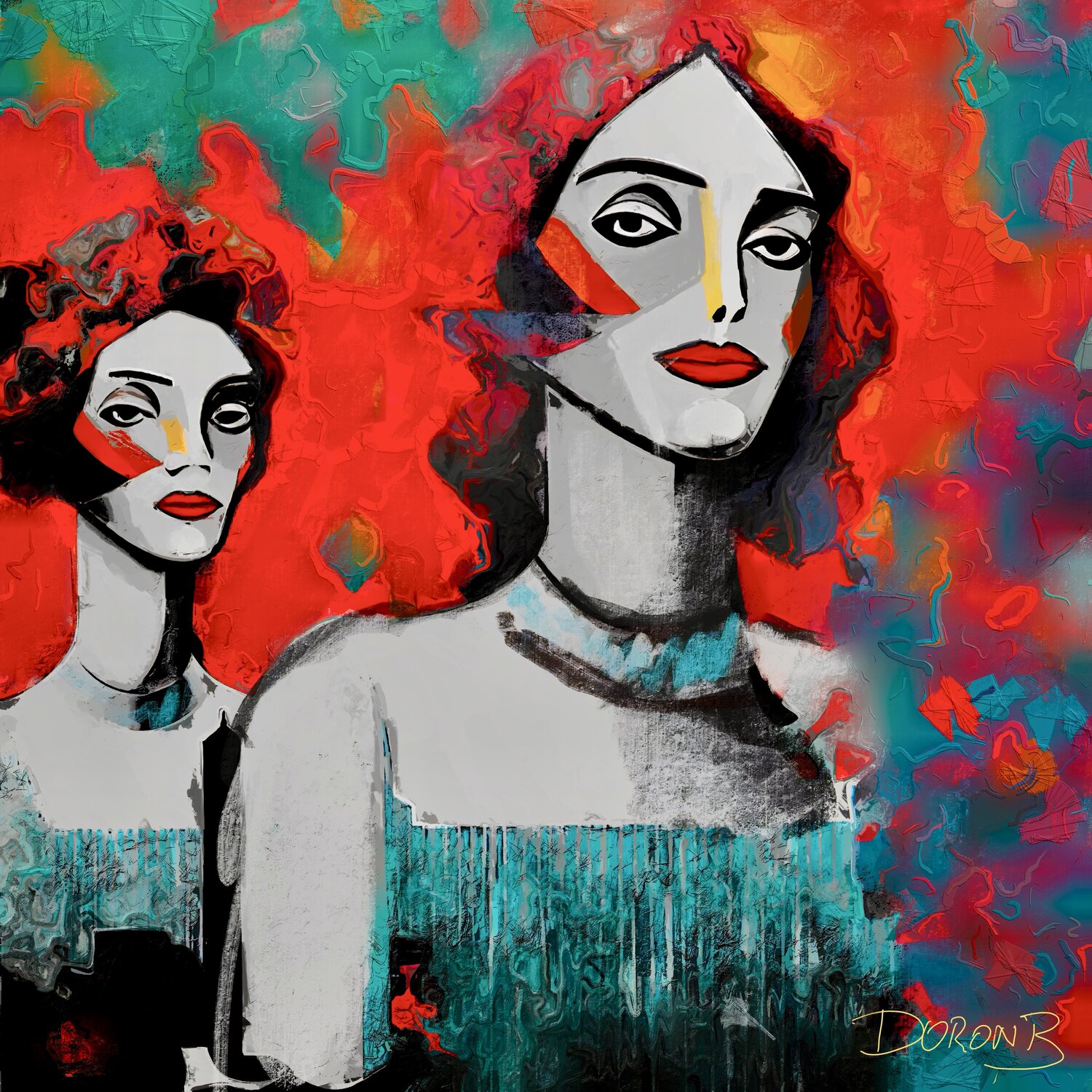 Two beautiful girls on red background Doron B