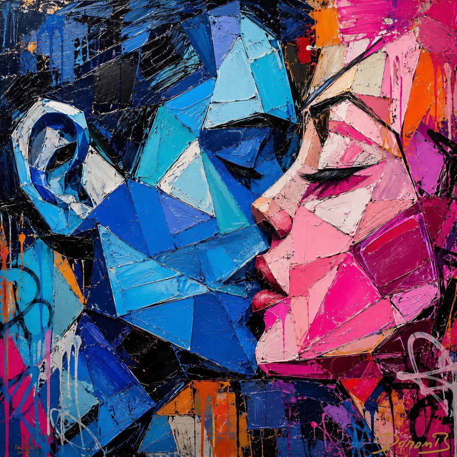 Abstract Kiss: A Vibrant Geometric Embrace Doron B Digital à vendre