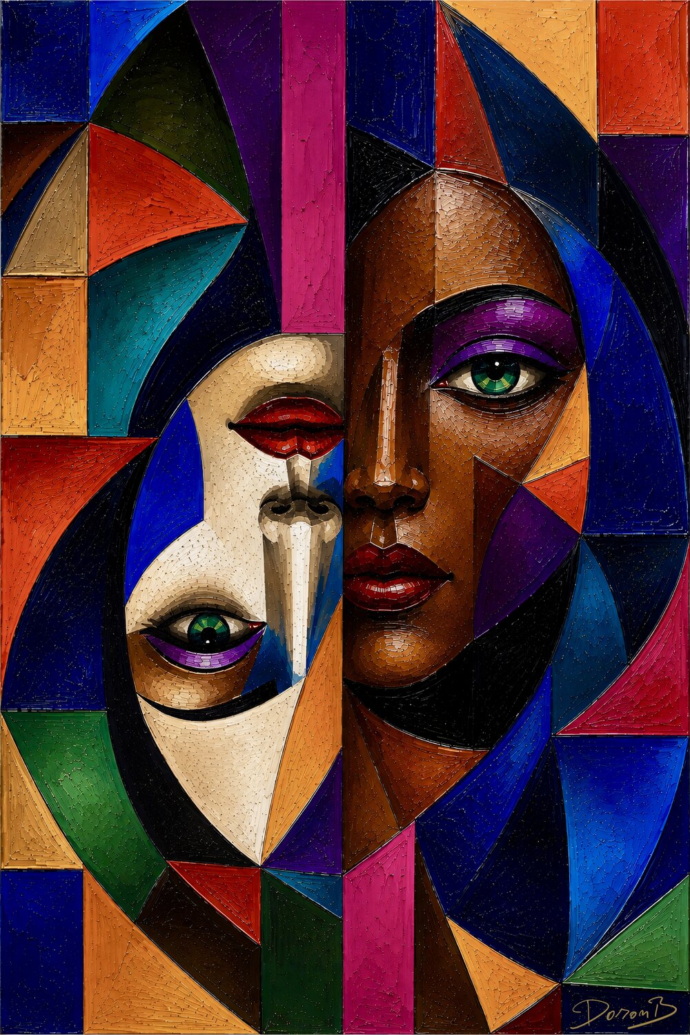 Vibrant Cubist Duality: A Modern Portrait Doron B Digital à vendre