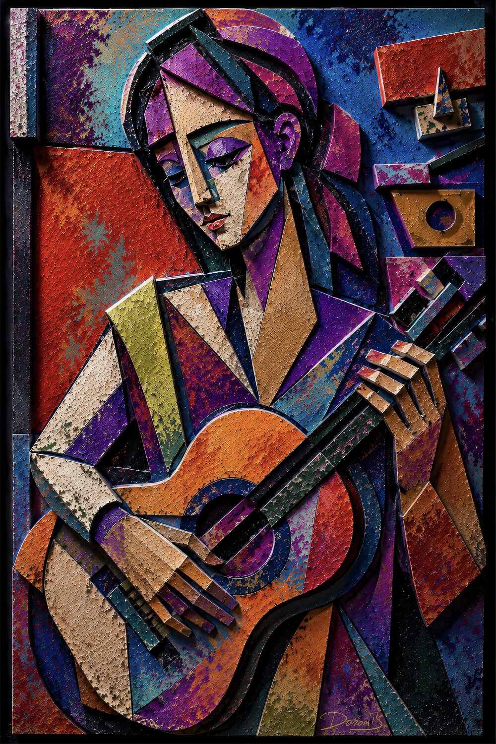 Colorful Cubist Guitarist Portrait Doron B Digitaal te koop