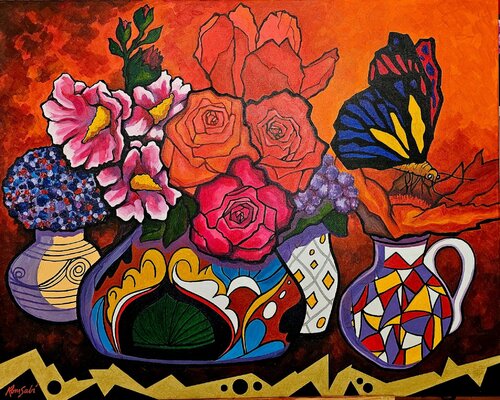 Vibrant Still Life: A Colorful Array of Four Jugs Mónica Romero
