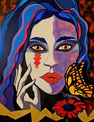 Epic countenance: colossal visage with a dancing butterfly on a captivating flower van Mónica Romero, Schilderij te koop op Singulart