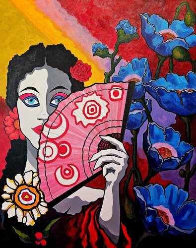 Exotic Beauty: Charming brunette woman with fan di Mónica Romero, Pittura in vendita su Singulart