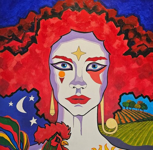 Red-haired woman with rooster and stars de Mónica Romero, Pintura a la venta en Singulart