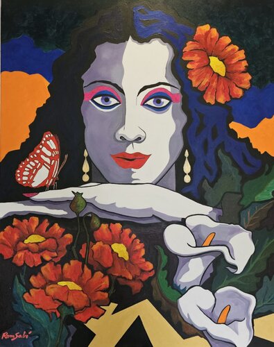 Brunette woman in a flower arrangement van Mónica Romero, Schilderij te koop op Singulart