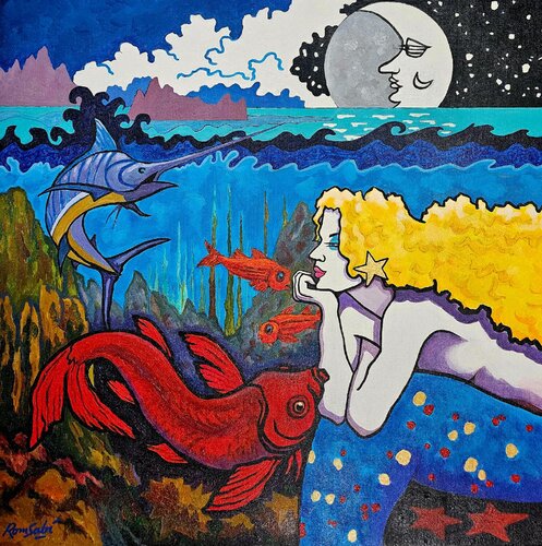 Moonlight in the deep sea mermaid di Mónica Romero, Pittura in vendita su Singulart