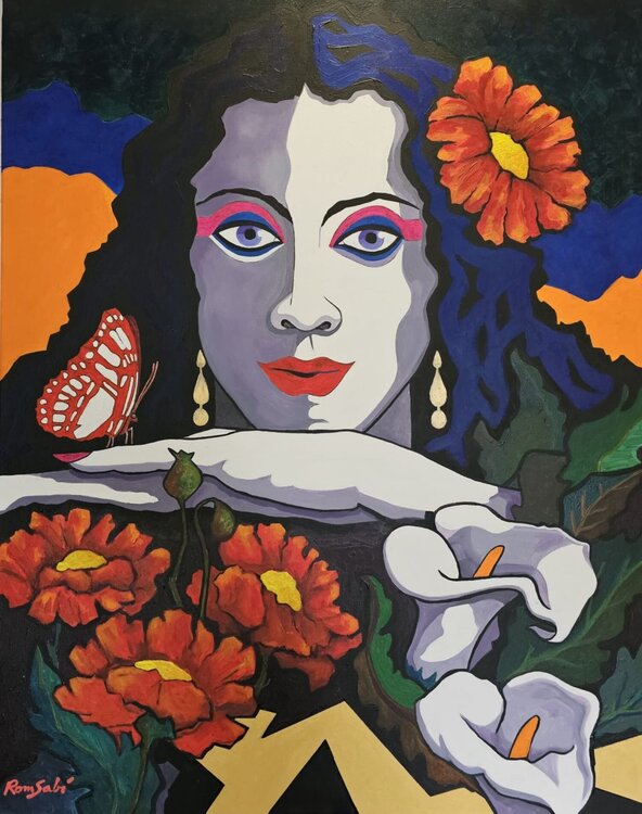 Brunette woman in a flower arrangement Mónica Romero