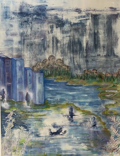 La ville et la rivière : moment de détente van Catherine Zivi, Schilderij te koop op Singulart