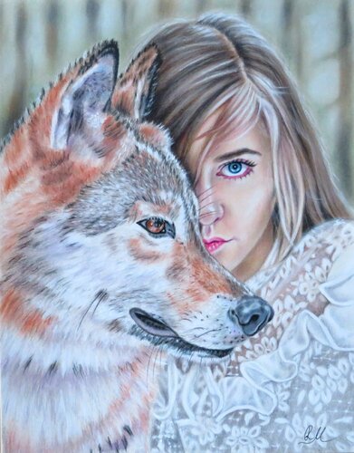 Girl with wolf by Monika Rembowska, 紙の作品 for Sale on Singulart
