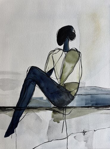 Minimalist Seated Woman in Blue and Green van Ana Ozz, Werk op papier te koop op Singulart
