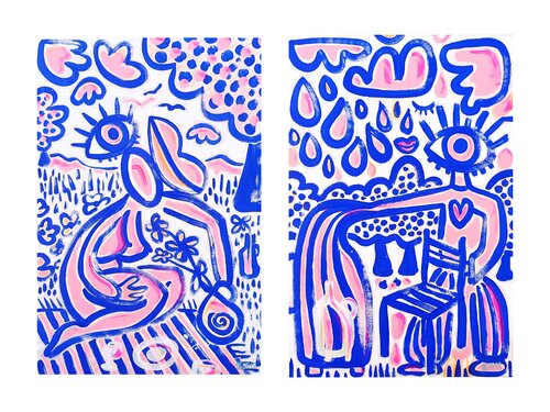 Préparation du pique-nique dans le verger (Diptyque) van Hugo Duras, Werk op papier te koop op Singulart
