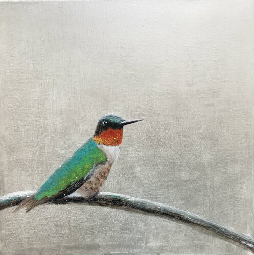 Ruby Throated Hummingbird ~ on silver by Laure Bury, Painting for Sale on Singulart
