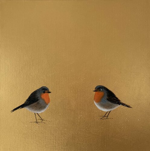 Two Dancing Robins ~ on gold di Laure Bury, Pittura in vendita su Singulart