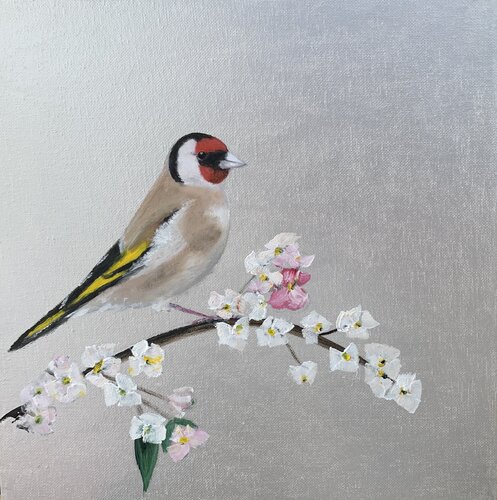 Goldfinch and Cherry Blossom on Silver di Laure Bury, Pittura in vendita su Singulart