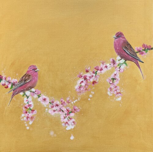 Rose Finches and Cherry Blossom on gold Laure Bury