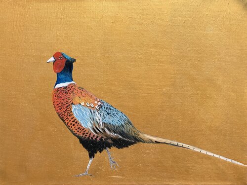Take A Walk On The Wild Side ~ Pheasant on gold van Laure Bury, Schilderij te koop op Singulart