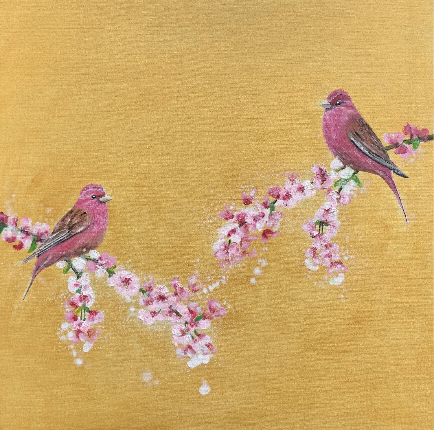 Rose Finches and Cherry Blossom on gold Laure Bury Originalgemälde zu verkaufen